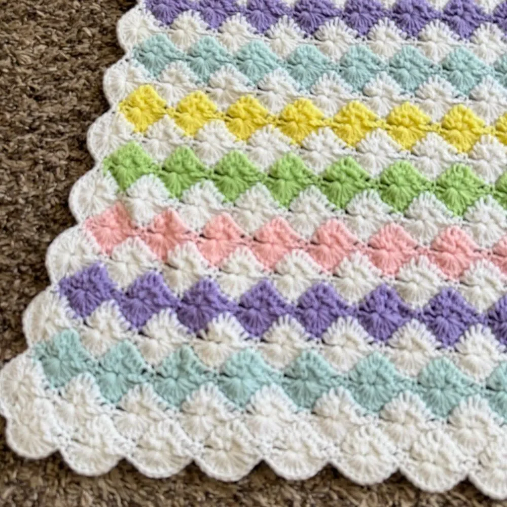 Handmade Crochet Baby Afghan Crib Blanket Pastel Crocodile Shell Stitch